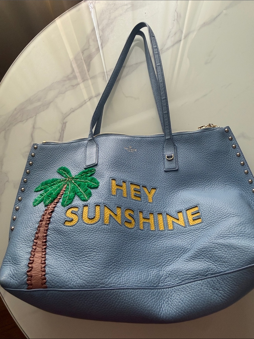 Kate Spade Blue Embroidered 'Hey Sunshine' Palm Tote made in Rwanda
